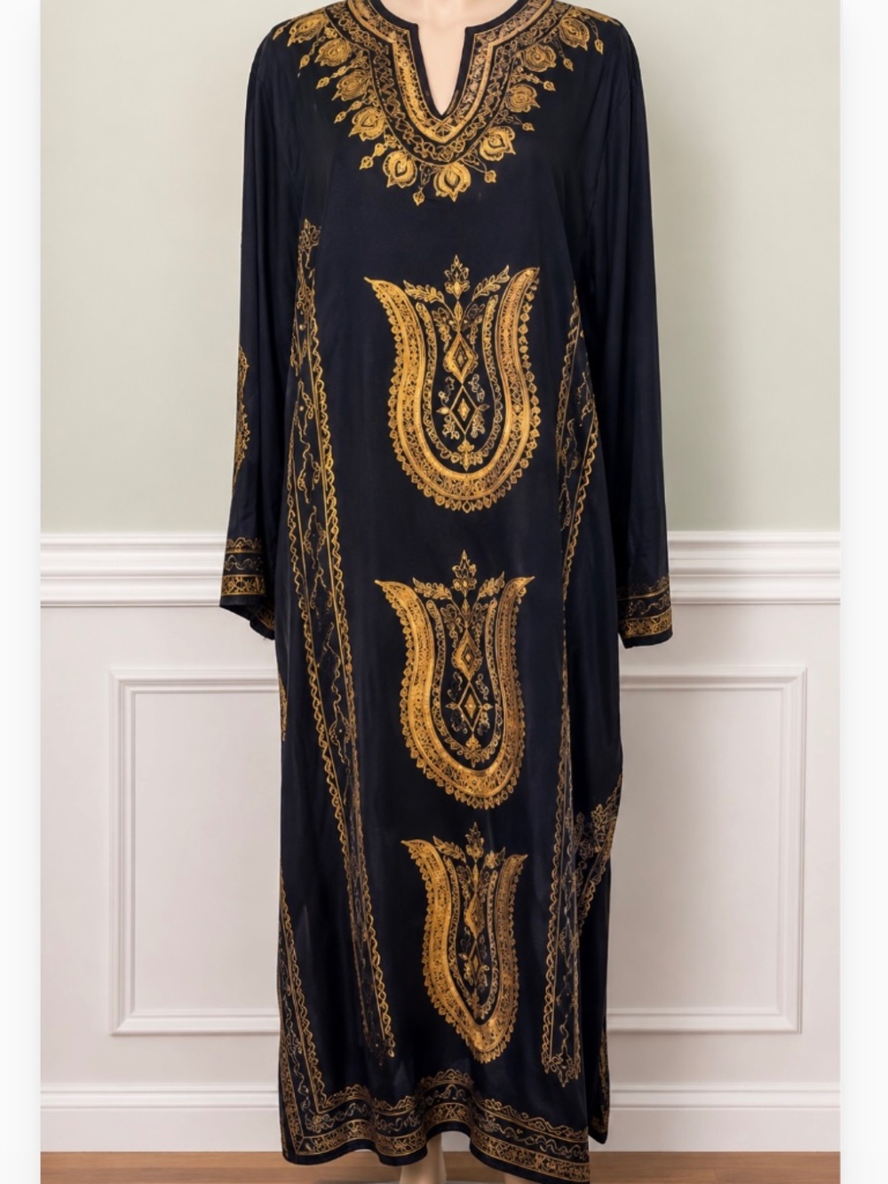 Authentic Turkish Sile Bezi Kaftan Tunic Black Gold Thread Maxi Dress L XL